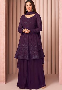 purple georgette embroidered sharara suit 8591  Desc:  Purple Georgette Embroidered Sharara Suit. Comes with matching Inner Shantoon and bottom Georgette with Georgette dupatta. Slight variation in color fabric and work is possible. Model images are only representative. Designs  patterns and colors may slightly vary from the actual color vs. image due to screen resolution or photography lights.Accessories and other item shown in picture is used for photography will not included in order.Ensure t Sharara Designs, Georgette Dupatta, Gaun Fashion, Sharara Suit, Fancy Dresses Long, Designer Kurtis, Designer Party Wear Dresses, Designer Dresses Casual, Stylish Party Dresses