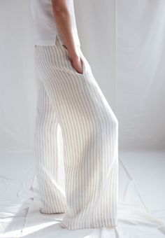 Chic Linen Wide Leg Lounge Pants, Wide Leg Linen Bottoms For Loungewear, Wide Leg Linen Pants For Loungewear, Chic Linen Bottoms For Loungewear, Chic Linen Loungewear Bottoms, Full Length Linen Bottoms For Loungewear, White Linen Wide Leg Vacation Pants, Linen Wide Leg Loungewear Pants, Linen Wide Leg Pants For Loungewear