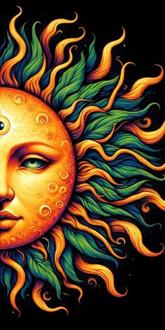 a painting of a sun face with green and yellow leaves on it's head