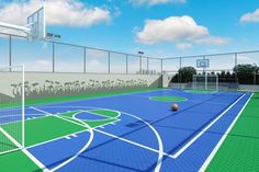 a 3d rendering of a basketball court with blue and green tiles on the floor, in front of a chain link fence