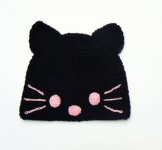 Black Cat Beanie Crochet Girls Teens Hat Cat Ears hat by 2mice Black Cat Beanie, Teen Hats, Ears Hat, Hat Ponytail, Cat Ears Hat, Bun Beanie, Cat Beanie, Messy Bun Hat, Bun Hat