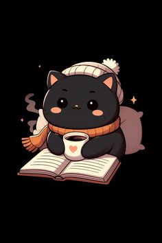 Cute Cozy Cat Reading Book And Drink Coffee T-Shirt Cute Sleepy Cat, Cat Reading Book, Reading Cartoon, Cats Anime, Black Cat Illustration, Cat Phone Wallpaper, Coffee Cartoon, Halloween Wallpaper Backgrounds, Cozy Cat