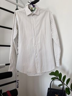 The Hermes Man's shirt is in great condition, without any defects length 75cm / 19.5in shoulders 46cm / 18in bust 59cm / 23.2in waist 55cm / 21.6in sleeve 63.5cm / 25in Striped Cotton Shirt For Work, Office Cotton Shirt With Vertical Stripes, Elegant Striped Cotton Tops, Office Pinstripe Shirt With Spread Collar, Pinstripe Cotton Shirt For Work, Pinstripe Spread Collar Shirt For Office, Pinstripe Shirt With Spread Collar For Office, Classic Striped Shirt For Workwear, Office Shirt With Vertical Stripes And Collar