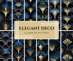 an art deco wallpaper pattern with gold and blue fan shapes on the front, along with text that reads elegant deco 12 seamless patterns