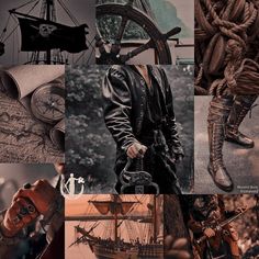 a collage of photos with an image of a man in pirate garb