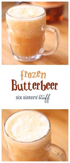 two mugs of frozen butterbeeer on a wooden table with text overlay