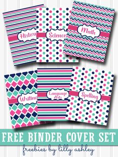 the free binder cover set includes four different patterns, and is available in pink, blue