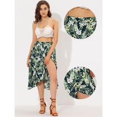 This skirt features a floral, self-tie wrap design, an asymmetrical hem, and a midi length, adding a flowy and charming feel to your vacation look. A flowy hem and tropical floral patterns make this skirt a perfect piece for summer vacation, trips, beaches, weekends, parties, holidays, etc. Paired with a crop top and sandals for many occasions. Tropical Floral Pattern, Wrap Midi Skirt, Vacation Looks, Women's Tie, Tie Wrap, Tropical Floral Print, Floral Wraps, Womens Tie, Floral Ruffle