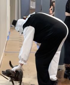 a man bending over to pet a dog on the floor in front of people wearing white and black clothing