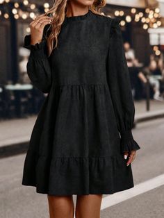 Solid Color Long Sleeve Casual Everyday Dress, Autumn Black Cute  Long Sleeve Woven Fabric Plain Smock Non-Stretch  Women Clothing, size features are:Bust: ,Length: ,Sleeve Length: