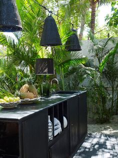 an outdoor kitchen with lots of plants and fruit on the counter top, including pineapples