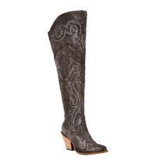 Style number: Z5242. Brown-silver metallized leather upper & foot. 22 inch shaft height. Western embroidery on shaft & foot. Scrunchable upper. Pig lining. Pointed toe shape. Goodyear welt construction. Cushioned leather insole. Leather outsole. Cowboy heel type. 3 1/2 inch heel height. Leather Tall Boots, Western Embroidery, Corral Boots, Tall Leather Boots, Knee High Leather Boots, 2 Inch Heels, Brown Silver, Goodyear Welt, Heel Type