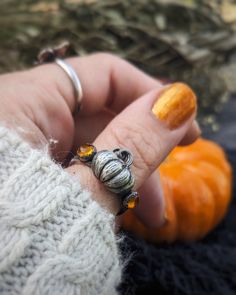 Cresent Ring, Witchy Lifestyle, Pumpkin Ring, Silver Pumpkins, Protection Ring, Sweet Ring, Amber Gemstone, Pumpkin Design, Autumn Inspiration