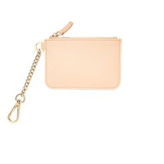 a small pink wallet with a chain hanging from it's front pocket, on a white background