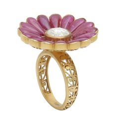 Ruby and Diamond Flower Cocktail Ring Handcrafted in 18 Karat Yellow Gold | From a unique collection of vintage Cocktail Rings at https://www.1stdibs.com/jewelry/rings/cocktail-rings/. Luxury Flower Ring With Single Cut Diamonds, Formal Yellow Gold Flower Ring With Single Cut Diamonds, Luxury Yellow Gold Flower Ring With Gemstone, Luxury Yellow Gold Flower Ring With Center Stone, Luxury Flower-shaped Diamond Ring With Rose Cut Diamonds, Luxury Flower-shaped Diamond Ring With Rose Cuts, Luxury Flower-shaped Rings With Center Stone, Luxury Flower Ring With Single Cut Diamonds For Anniversary, Luxury Flower Shaped Rings With Single Cut Diamonds