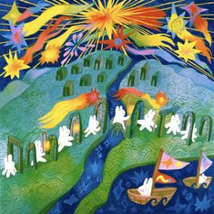 an image of a painting with stars and fireworks in the sky over a lake or river