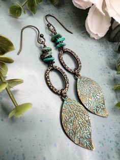 These Turquoise & Patina Leaf Earrings are so Boho Chic! With the Hammered Oval Brass Links and Brass Ear wires these are bound to make a statement! The Turquoise Chip Beads are a beautiful blue with brass spacer beads in between for a natural gemstone look   Earrings are just about 2 3/4 inches long   Ear wires are nickel & lead free  Patina Leafs are a alloy metal  I appreciate your business and do my little happy dance with every sale!  I hope you can see my real passion and attention I give Boho Earrings Diy, Boho Beads, Earrings Boho Chic, Patina Metal, Beaded Things, Boho Chic Style, Lava Beads, Hammered Brass, Happy Dance