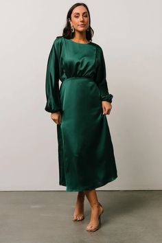 Our Balta Satin Midi Dress in Emerald will take your breath away! Its lustrous color and classy style make it the perfect dress for an evening out! Plus Size Green Dress, 34c Size, Cocktail Wedding Attire, White Coat Ceremony, Winter Wedding Guest Dress, Emerald Dresses, Baltic Born, Olive Green Dresses, Classy Style