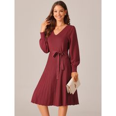 This enchanting dress features a flattering V-neckline that beautifully frames your collarbone, a self-tie waist that accentuates your curves, and a pleated bottom that adds a touch of sophistication to your every step. The high waist belted design flatters your waistline while the pleated A-line skirt adds a girlish charm. Perfect for various occasions such as casual outings, office wear, vacations, holidays, dates, anniversaries, ceremonies, parties, cocktails, and weddings. The casual pull-on Red V-neck Midi Dress With Tie Waist, Belted V-neck Midi Dress For Fall, Chic Red V-neck Dress For Fall, Fall V-neck Belted Dress, Elegant Red V-neck Dress For Fall, Enchanting Dress, Pleated Knit, Dress Wine, Ballet Dress