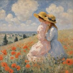 two women sit in a field of poppies and look at the sky above them