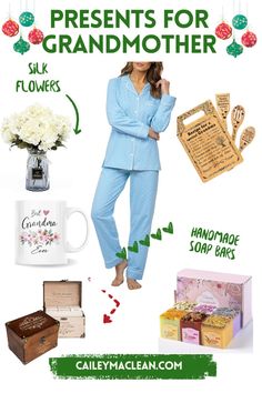 a woman in pajamas standing next to some flowers and other items with the words, presents for