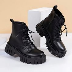 Mid Heel, Polyester, Round Toe Lace Up Boot Grunge Shoes, Chunky Combat Boots, Platform Combat Boots, Dr Shoes, Womens Combat Boots, Zipper Boots, Boots Women Fashion, Trendy Shoes, Boots Outfit