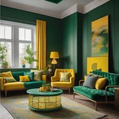 a living room with green walls and yellow curtains