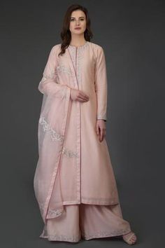 Shop for Talking Threads Pink Chanderi Embroidered Kurta Palazzo Set for Women Online at Aza Fashions Lakhnavi Kurti, Indian Spring, Tilla Embroidery, Suit Styles, Kurta Palazzo Set, Festive Dress, Gota Work, Palazzo Suit, Kurti Design