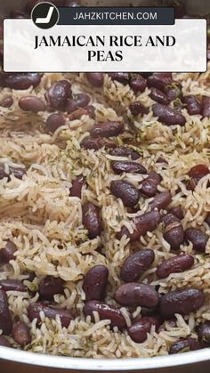 rice and beans are mixed together in a large pot with text overlay that reads jamaican rice and beans