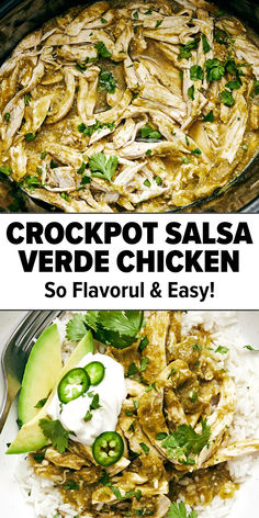 Crockpot salsa verde chicken Slow Cooker Chicken Salsa Verde, Chicken With Salsa Crockpot, Salsa Verde Meals, Crockpot Chicken Verde Recipes, Slow Cooker Chicken Shredded, Green Chicken Crockpot, Low Calorie Dinner Crockpot, Chile Verde Chicken Crockpot, Avocado Salsa Chicken