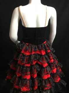 "Ballet Dress - Professional Ballet dress. Spanish Style Ballet dress. Can be used for \"Don Quijote\". The bodice is made of semi-stretch black velvet with lining. Decorated with clear, red and gold rhinestones. inside skirt layer is tulle and top layer is chiffon with lace ruffles. The bodice has two rows of hooks for comfortable adjustment. This is a custom made order. It will take 2-3 weeks to complete. We will need your body measurements in order to get started. Please see photos for how to Black Ballet Outfit, Ballet Outfit, Dress Professional, Professional Ballet, Last Minute Costumes, Ballet Clothes, Black Ballet, Ballet Tutu, Ballet Dress