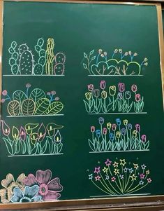 a chalk board with flowers and plants drawn on it