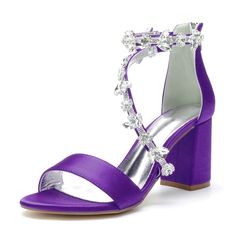 Olivia Mark - Blue Satin Rhinestone High Heel Sandals with Chunky Heels Purple Heels Wedding, Purple Heels, Heels Wedding, Rhinestone High Heels, Chunky Heels Sandals, Blue Sandals, Blue Satin, Sparkle Diamonds, Heel Sandals