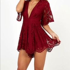 Nwt Never Worn. Cute Sexy Wine Colored Romper From Showpo. Size 6 (Medium) Summer Burgundy V-neck Mini Dress, Burgundy V-neck Mini Dress For Summer, Burgundy Mini Dress For Summer Night Out, Burgundy Mini Dress For Summer Cocktail, Chic Red Lace Mini Dress, Red V-neck Dress For Going Out, Lace Romper, Wine Colored, Red Lace