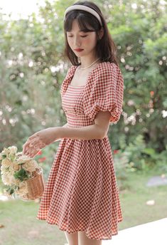 Gingham Puff Sleeve Mini Dress (Red) Mini Dress Red, Puff Sleeve Mini Dress, Side Cuts, Gingham Dress, Red Mini Dress, Overall Dress, Short Skirt