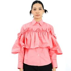 MM6 Ladies Tops. Fashion category: Shirts & Blouses. SKU: S32DL0250-S47294-250. Color: Rose. Mm6 Ladies Rose Ruffle Panel Shirt. This cotton shirt features ruffled detailing, classic collar, long sleeves and front button fastening. Made in Italy. Cotton 100%. Size: 2.  Color: Pink.  Gender: female.  Age Group: adult. Trendy Ruffled Collar Top, Casual Pink Top With Ruffled Collar, Elegant Pink Ruffled Shirt, Pink Ruffled Collar Top For Summer, Pink Fitted Top With Ruffled Collar, Chic Pink Top With Ruffled Collar, Pink Ruffled Collared Blouse, Pink Tops With Ruffles And Collar, Pink Ruffled Blouse With Collar