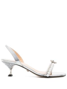 silver-tone calf leather patent finish metallic effect crystal embellishment faux-pearl detailing rhinestone embellishment at the heel slip-on style round open toe elasticated slingback strap branded footbed 55mm sculpted heel Tone Calves, Metallic Sandals, Chanel 2, Demi Fine Jewelry, Iconic Bags, Ballet Pumps, Boot Pumps, Summer Beach Wear, Boots And Sneakers