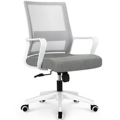 an office chair with wheels and a grey seat