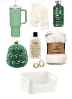 various items are arranged in the shape of a christmas tree, mug, gloves, and other things