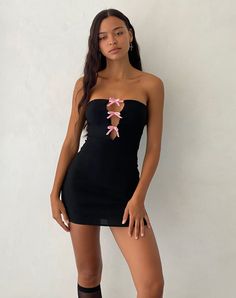 Black Adjustable Tie Up Strap Mini Dress | Novara – motelrocks-com-us Novara Mini Dress, Black Dress With Pink Bow, Mini Dress Party Night, Motel Rocks Dress, Pink Bow Dress, Girls Night Dress, Bodycon Design, Bow Mini Dress, Dress Party Night