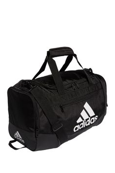 This roomy duffel features a sporty silhouette that includes zip pockets to keep your essentials organized. Dual top handles. Single detachable, adjustable strap. Zip top closure. Exterior features 3 zip pockets and logo print details. Interior features 1 zip pocket. Imported Functional Gym Duffle Bag With Zipper Pocket, Sporty Nylon Travel Bag With Zipper Pocket, Sports Nylon Duffle Bag, Sporty Nylon Duffle Bag For Sports, Functional Nylon Bag For Sport, Sporty Travel Bag With Zipper Pocket For Gym, Sporty Gym Travel Bag With Zipper Pocket, Nylon Duffle Bag With Zipper For School, Functional Gym Bag With Zipper Pocket