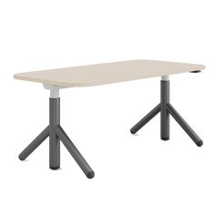 a white table with two black legs and a light wood top, on an isolated white background