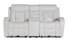 a white leather reclining sofa sitting on top of a black metal frame legs and headrests