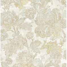 a white and gold wallpaper with flowers on it