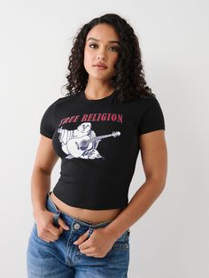 True Religion Shirts Women, Band Merch T-shirt With Logo Print, Fitted Crew Neck T-shirt With Front Print, Fitted Cropped Graphic Tee With Logo Print, Fitted T-shirt With Front Print And Crew Neck, Fitted Graphic Tee Cropped T-shirt With Screen Print, Fitted Graphic Tee With Screen Print, Fitted Short Sleeve T-shirt With Front Print, Graphic Tee Cropped T-shirt With Front Print