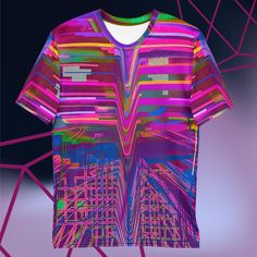 Step into the future of fashion with our Vaporwave Shirt! Inspired by retro-futuristic aesthetics, graffiti style, and the rhythm of vaporwave and synthwave, this t-shirt features a stunning all-over print that will make heads turn. Made with premium knit mid-weight jersey fabric that's 95% polyester and 5% elastane, this shirt is not only incredibly comfortable, but also stretches and recovers in all directions for a perfect fit. Our Vaporwave Shirt is more than just a piece of clothing, it's a Cyberpunk Graphic Print T-shirt For Streetwear, Fitted Rave T-shirt For Streetwear, Urban Multicolor Graphic T-shirt, Urban Style Multicolor Graphic T-shirt, Cyberpunk Short Sleeve T-shirt For Streetwear, Cyberpunk Short Sleeve Tops For Streetwear, Cyberpunk Crew Neck T-shirt For Streetwear, Rave Graphic T-shirt For Streetwear, Rave Style Graphic T-shirt For Streetwear