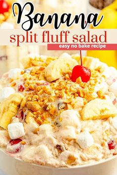 banana split fluff salad in a white bowl