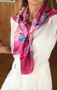 Luxury Pink Scarf For Gift, Summer Silk Shawl Scarf, Floral Patterned Silk Scarf, Pink Silk Shawl For Spring, Pink Floral Print Feminine Scarves, Pink Feminine Silk Scarf, Pink Feminine Floral Print Scarves, Elegant Patterned Silk Scarf, Feminine Pink Floral Print Scarves