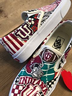 Indiana University custom vans. Can be done with your school, college or logo, to your specifications. Message me to start designing your own pair! Fairy Design, Homecoming Shoes, Painted Vans, Paper Ideas, Blue Fairy, Hand Painted Shoes, Indiana University, Painted Denim, Nike Free Shoes