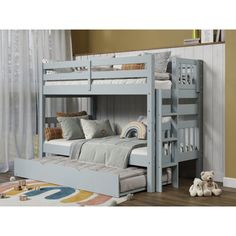 a bunk bed with a pull out trundle is shown in this image, it's light blue